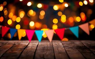 Rustic wooden surface displays colorful triangular bunting garland before a golden bokeh light backdrop photo