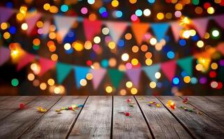 Festive bokeh lights and colorful triangle flags illuminate a wooden surface with confetti decorations photo