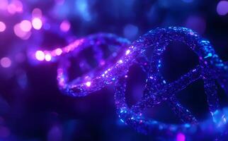 Luminous violet DNA strand spirals against a blurred bokeh backdrop displaying complex structural detail photo
