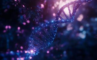 Dazzling glitter outlines a DNA helix, bathed in soft, colorful luminescence against a dark backdrop photo