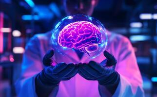 African scientist holds a bright, illuminated brain encased in a glowing sphere during research photo