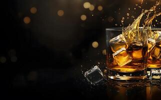 Golden whiskey splashes from glasses with ice cubes creating dynamic movement against a dark backdrop photo