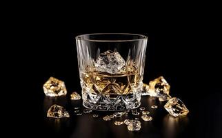 Crystal glass holds liquor with scattered ice cubes creating a visually striking still life against black photo