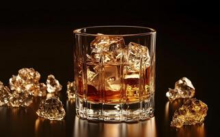 An elegant glass filled with whiskey and scattered ice cubes creates a sophisticated atmosphere photo