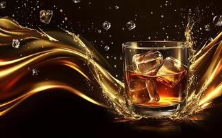 Ice cubes sit inside an inviting scotch on the rocks glass against dark backdrop photo