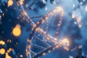 A lustrous DNA strand sparkles against a soft, blurred, predominantly blue background, illuminating its intricate structure photo