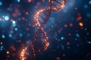 Glowing copper DNA structure dramatically twists against a deep blue background with bokeh photo