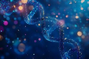Glittering helix strands swirl amid bokeh lights in deep blue abstract background with magic effects photo