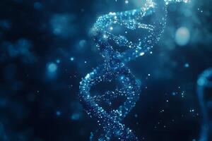 Luminous blue DNA strand spirals dynamically against a softly blurred bokeh background photo