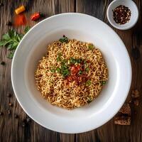 Noodles topped with green onions and red pepper flakes are presented on rustic wood photo