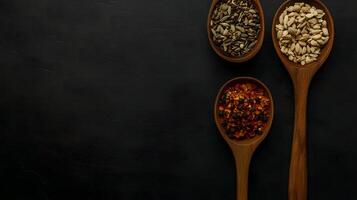 Cardamom, fennel, and chili spices fill three wooden spoons against a dark textured background photo