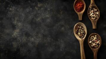 Spices and peppers are displayed on wooden spoons over a dark grunge backdrop photo