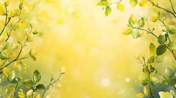 Lush branches display vibrant green and yellow foliage against a sunlit blurred background photo