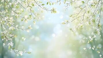 Branches adorned with white blossoms and pale green leaves create a serene, bokeh filled background photo