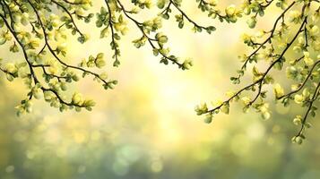 Blossoming branches frame the with soft yellow flowers, creating a serene botanical landscape photo