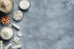 Assorted dietary supplements featuring pills, powders, and capsules are displayed on a gray textured background photo