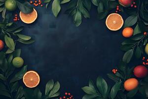 Citrus fruits, foliage, and red berries frame a dark background with a natural, inviting feel photo