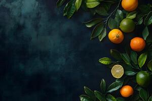 Vibrant oranges, limes, and lemon slices sit amidst lush foliage on a textured backdrop photo