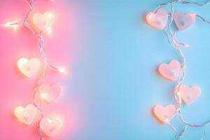 Heartshaped string lights glow brightly against a soft pink and blue gradient backdrop, adding romantic ambiance photo