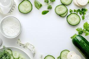 Healthy diet concept shows cucumbers, rice, basil, parsley, crackers, and tape measure photo