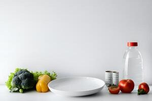 Fresh broccoli, pepper, tomatoes, and water bottle are displayed with a measuring tape nearby photo
