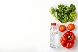 Fresh vegetables and water bottle with measuring tape are arranged on white background photo