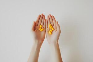 Caucasian hands hold yellow vitamins capsules in both open palms on a white backdrop photo