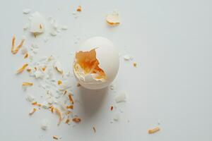 Broken white egg is surrounded by pieces of its shell on clean background photo