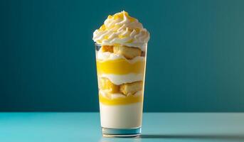 Creamy dessert layered with sponge cake and mango sauce fills a clear glass on cyan background photo