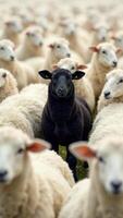 A black sheep standing in a herd of sheep photo