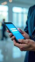 Businessman holding smartphone with login screen photo
