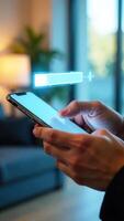 A woman using a smartphone with a virtual button photo