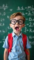 A young boy wearing glasses and a backpack is making a face photo