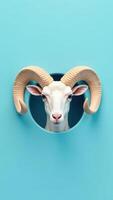 A ram's head is peeking out of a hole in a blue wall photo