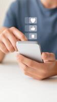 Man using smartphone with social icons photo