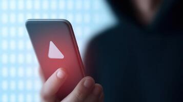 A person holding a smartphone with a red triangle on the screen photo