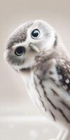 An owl is standing on a white surface photo