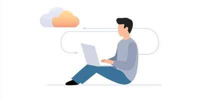 Man sitting on the floor with laptop and cloud icon photo