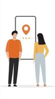 A man and woman are standing next to a screen with a map pin photo