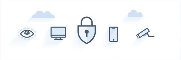 Security and privacy concept with various symbols representing protection, surveillance, and technology in a modern digital environment photo