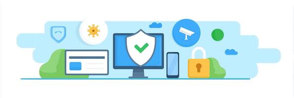 Digital security illustration featuring a computer, shield, lock, and various security icons representing online safety and protection concept photo