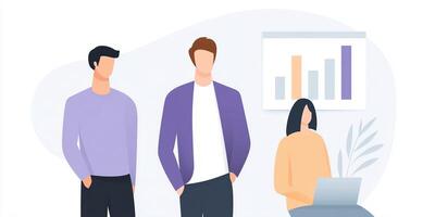 Business team collaborating in a modern office setting with charts and graphs on the wall showcasing growth and success concept photo