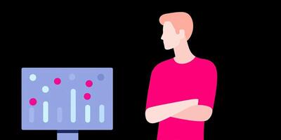 Young man observing data visualization on screen with colorful graphics and modern design elements showcasing analytics and technology concept photo
