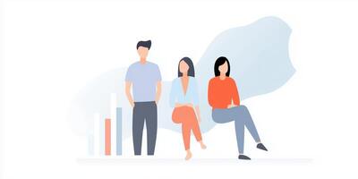 Group of three diverse individuals sitting together with a background of abstract shapes and a bar graph representing teamwork and collaboration concept photo