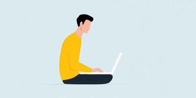 Young man sitting on the floor working on a laptop with a light background, focused on his task, modern workspace concept photo