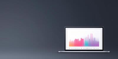 Laptop displaying colorful data visualization on screen with vibrant bars and graphs showcasing analytical information for business insights concept photo