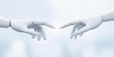 Robotic hands reaching towards each other with a glowing connection, symbolizing technology and innovation in a futuristic concept photo
