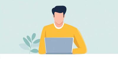 Young man working on laptop in a bright workspace with greenery and soft colors, modern illustration of remote work concept photo