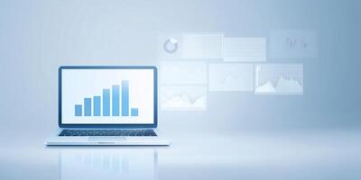 Laptop displaying a bar graph on screen with data visualizations in background, modern workspace concept photo