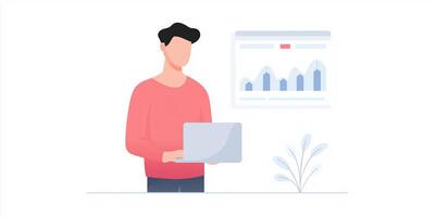 Professional individual analyzing data on laptop while standing near plant with graphs displayed on screen showcasing business performance metrics concept photo